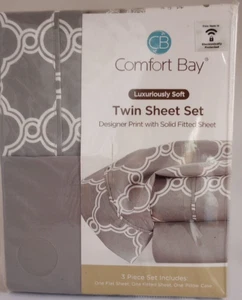 Comfort Bay Twin Size Sheet Set 3 Piece Set Gray/White NEW - Picture 1 of 5