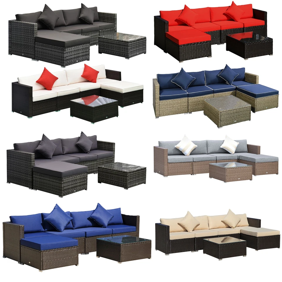 Juego de muebles de mimbre de ratán para patio exterior Outsunny de 6 piezas con cojín Foto 1 de 1