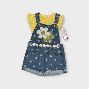 Little Lass Floral Applique & Sequin 2 Piece Overalls - Picture 1 of 9