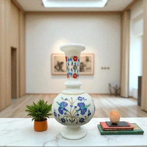 Florero con incrustación de mármol blanco hecho a mano - Maceta de arte de piedra decorativa - Centro de mesa - Imagen 1 de 7