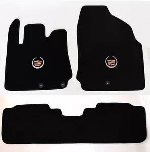 NEW! BLACK Floor Mats 2010 - 2016 Cadillac SRX Official Crest Logo in Silver 3pc - Picture 1 of 12