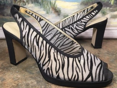 Bomba Ann Marino Slingback Tacón Bloque Malla Cebra Punta Abierta Talla 6 Usada en Excelente Condición Foto 1 de 4