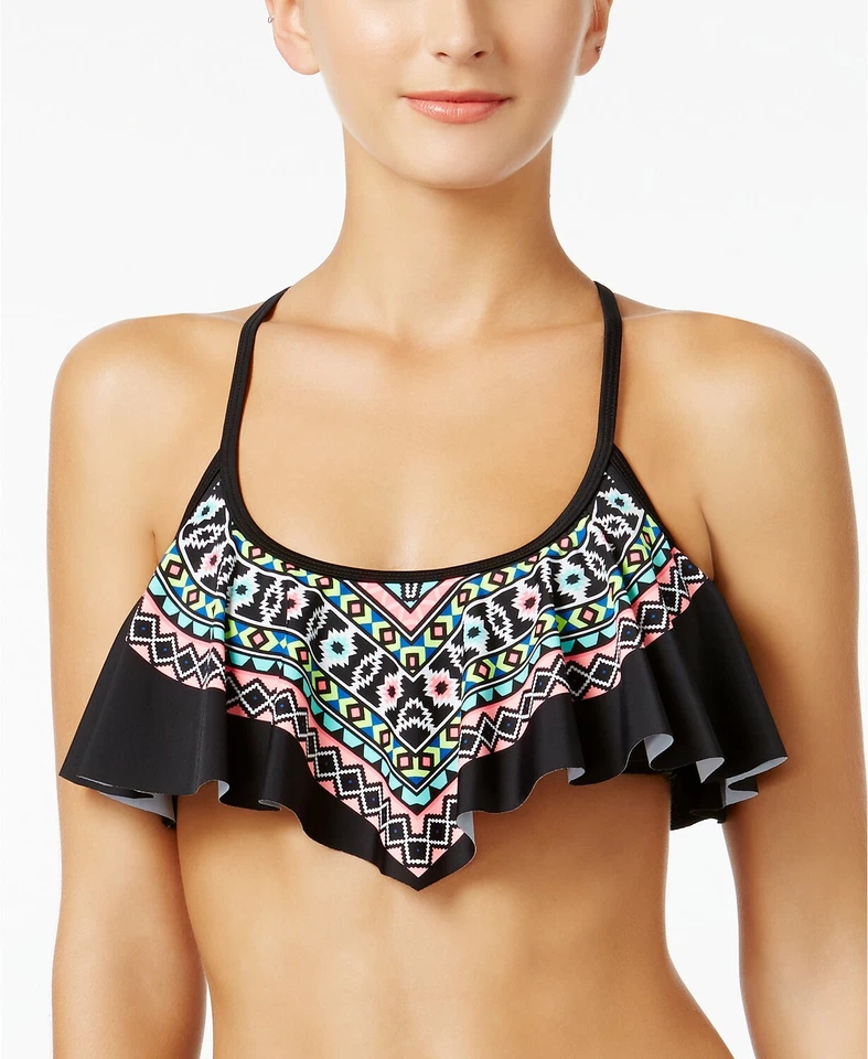 California Waves Tribal-Print Flounced Bikini Top Black Multi Small Size  - Image 1 of 2