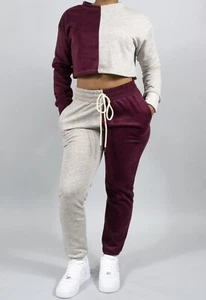 NWT Women's 2 Pc Sweatsuit Set Size Sm Color Block Burgundy Velour Heather Gray - Picture 1 of 4