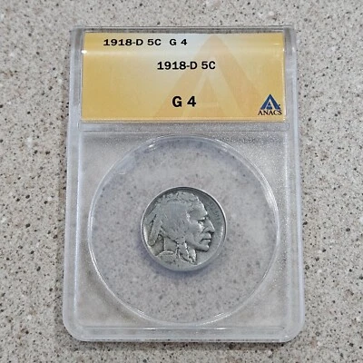 1918 D 5C Buffalo Nickel 5 Cents Coin Flat Ground American Bison ANACS Graded G4 - Image 1 of 4