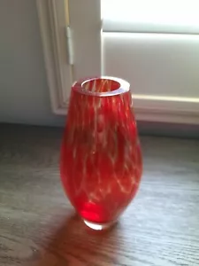 Red Art Glass Vase, 7" tall, Red Drops on Clear - Picture 1 of 2