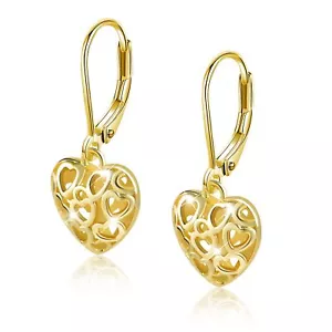 925 Sterling Silver Heart Dangle Drop Earrings for Women, Gold Heart Leverback E - Picture 1 of 8