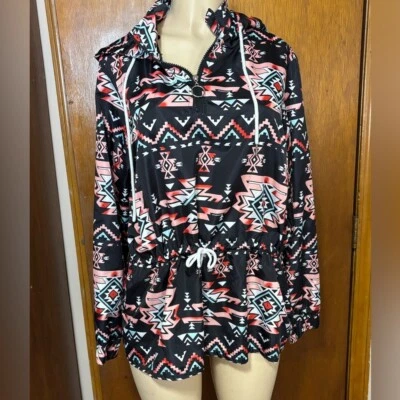 Aztec western boho retro Color windbreaker nylon Tennis Golf L hoodie Spring - Image 1 of 4
