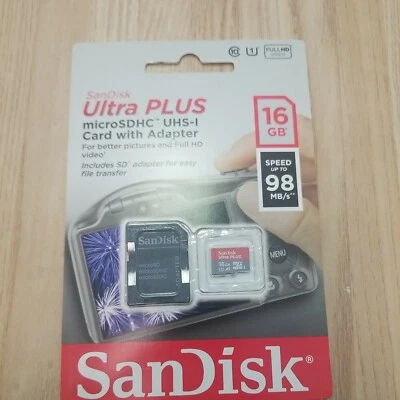 SanDisk Ultra PLUS 16GB microSDHC UHS-I Memory Card Gray/Red 98MB/s Turbo New - Image 1 of 4