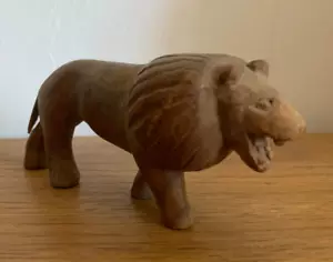 Lion Sculpture Figurine Hand Carved Wooden Folk Art 5" x 2 1/2", Nice Wood Grain - Picture 1 of 5