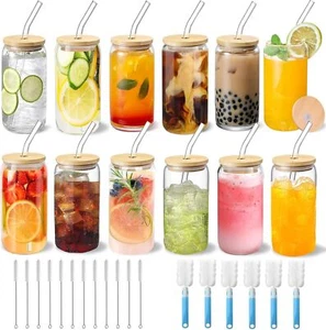 12Pcs Drinking Glasses with Bamboo Lids and Glass Straw-16 Oz Iced Coffee Glasse - Picture 1 of 7
