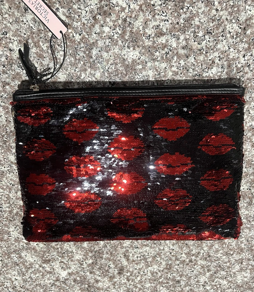 Bolso sin asas cosmético Victoria's Secret Red Lips Kiss Me lentejuelas nuevo Foto 1 de 4