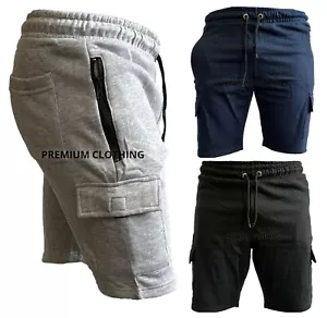 Mens Cargo Fleece Shorts ZIP POCKETS Sweat Summer Jogger Plain Jersey Jogging - Picture 1 of 9