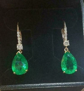 4Ct Pear Cut Green Emerald Lab Created Drop/Dangle Earrings 14K Yellow Gold Over - Picture 1 of 8