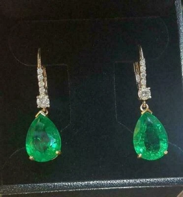 4Ct Pear Cut Green Emerald Lab Created Drop/Dangle Earrings 14K Yellow Gold Over - Image 1 of 4