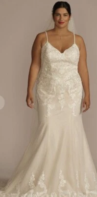 David's Bridal Oleg Cassini SIZE 22W Wedding Dress Ivory Stone Lace Strap CWG957 - Image 1 of 4
