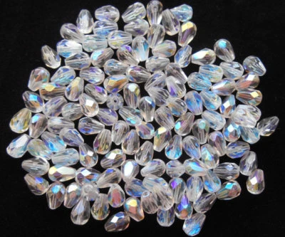 7mm x 5mm Crystal AB Faceted Fire Polished Teardrop Czech Glass Beads (100) - Image 1 of 2