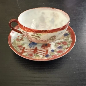 Vintage Japanese Teacup & Saucer Set - Geisha Girls, garden scene, red trim - Picture 1 of 9