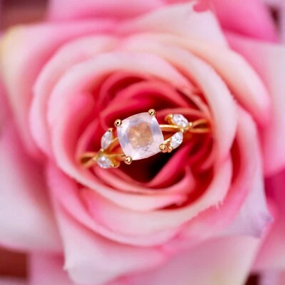 Delicado anillo de cristal rosa con flor de cuarzo rosa plata esterlina oro vermeil joyería Foto 1 de 4
