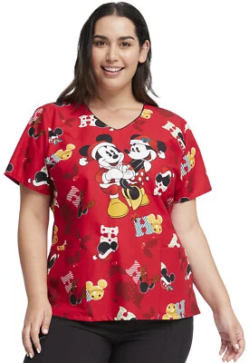 Mickey Minnie Mouse Cherokee Scrubs Tooniforms Christmas V Neck Top TF614 MKKH - Image 1 of 4