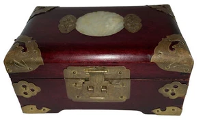 Rosenholz Schmuck Truhe Schmuck Box Messing Jade Schmuck Orientalisch Grün Seide Vintage - Bild 1 von 16