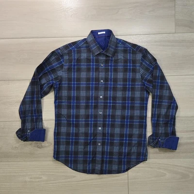 Bugatchi Shirt Mens Medium Blue Black Plaid Shaped Fit Button Up Flip Cuff - Image 1 of 4