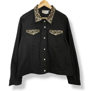 Vintage Bedazzled Jean Jacket Black Leopard Print XL Women Denim Plastic Jewels - Picture 1 of 14