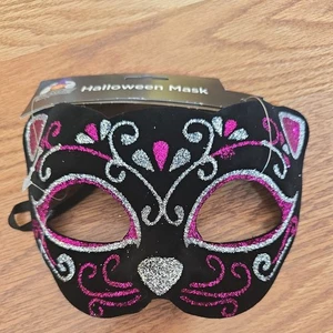 Masquerade Mask Mardi Gras Costume - Cat/Black/Pink/Silver Halloween Mask NEW - Picture 1 of 2