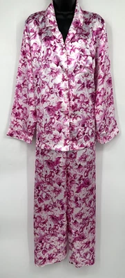 Morgan Taylor Womens Long Sleeve Pajama Top Pant Set Size XL Purple Floral Satin - Image 1 of 4