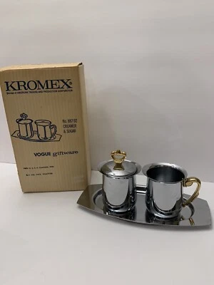 MCM Kromex Metal Azúcar Crema Set Cromo y Latón Con Bandeja Nuevo En Caja De Colección Foto 1 de 4
