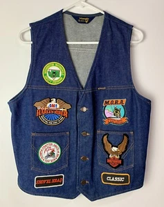 Vintage Wrangler Biker Denim Vest - Harley-Davidson, MORA, AMA & More Patches XL - Picture 1 of 7
