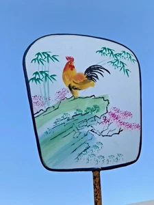 Antique Silk Screen Hand Painted CHINESE ROOSTER Folk Art Fan Bamboo Hand ❤️sj3j - Picture 1 of 8