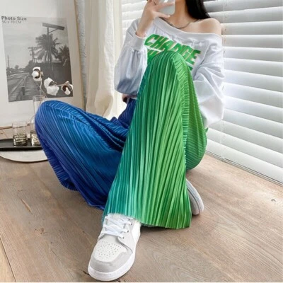 Mujeres Arco Iris Gradiente Imitación Seda Pantalones Plisados Tie-Dye Pierna Ancha Pantalones Cortina Foto 1 de 4