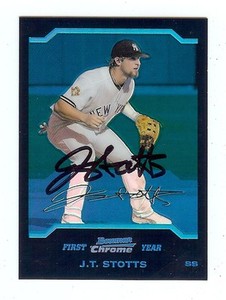 J.T. STOTTS 2004 Bowman Chrome BLUE REFRACTOR #'d - Yankee AUTOGRAPH 286/290