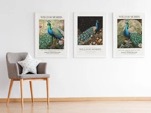 Set of 3 William Morris  Peacock Wall Art Cotton Prints Exhibition Posters - Picture 1 of 9