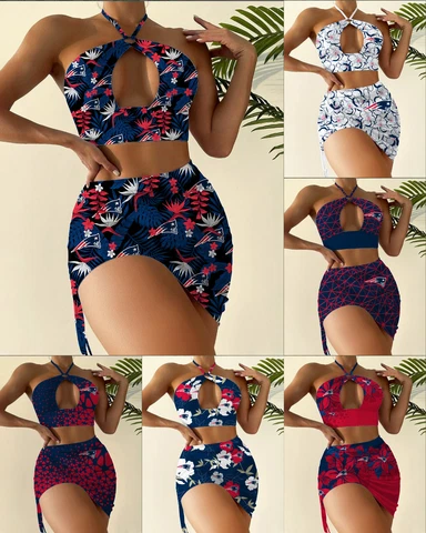 New England Patriots Women's 2Pcs Cutout Swimsuit Criss Cross Halter Bikini Set Cover