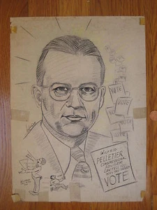 Dibujo a lápiz original vintage de Wilfrid Pelletier por dibujos animados políticos de Auger - Imagen 1 de 4
