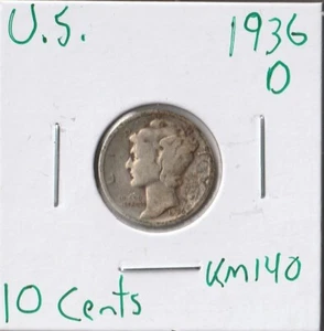 Moneda Estados Unidos 10 Céntimos (Mercurio) 1936 D KM140, plata - Imagen 1 de 4