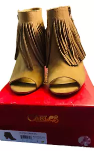 Carlos Santana Jasper Ankle Boots Womens 7 Fringe Peep Toe Suede Tan Brown - Picture 1 of 5