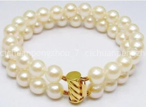 Fashion 2 Rows Genuine Natural 8-9mm White Cultured Pearl Bracelet 7.5'' - Picture 1 of 3