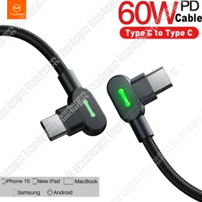 60W PD Elbow LED Type C To USB-C Cable Fast Charging Cord For iPhone 15 Samsung - Image 1 of 4