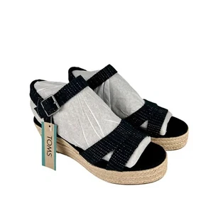 Toms Womens Audrey Espadrille Platform Wedge Sandal Black Metallic Stripe size 6 - Picture 1 of 16