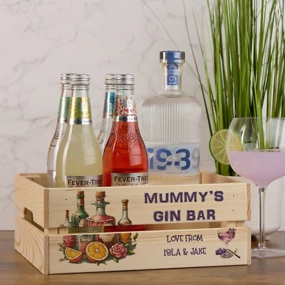 UKGIFTSTOREONLINE Personalised Gin Bar Treat Hamper Wooden Crate Gift For Her