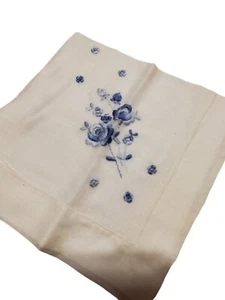 Antique Blue Embroidered Roses Flowers 10" Square Handkercheif - Picture 1 of 3
