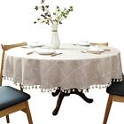 TABLECLOTH Heavy Weight Plaid Tassel Round Dining Table Cover Beige 63" DIMATIC