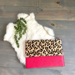 Leopard Print Faux Fur & Red Faux Leather Convertible Clutch Shoulder Bag Purse - Picture 1 of 9