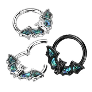 Surgical Steel Hinged Segment Septum Ring with Bat and Abalone Shell Wings - Picture 1 of 4