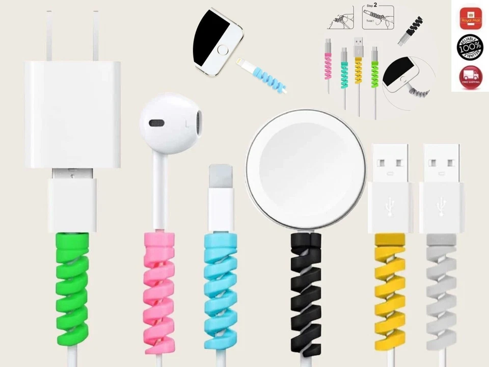 Protector de cable espiral teléfonos inteligentes organizador USB silicona cargador cubierta Reino Unido Foto 1 de 3