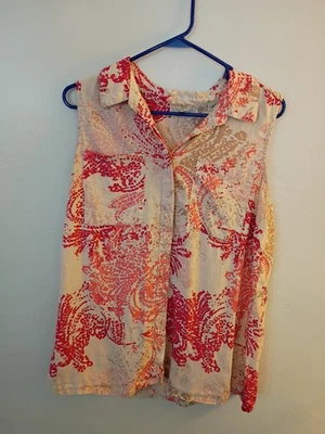 Dana Buchman Blouse Size XL, Sleeveless Pocket Linen Blend Floral VTG - Image 1 of 4