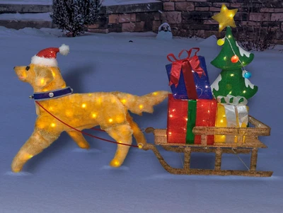 GOLDEN DOG PULLING SLED OF PRESENTS LIGHTED TINSEL 66" LONG CHRISTMAS YARD DECOR - Image 1 of 3